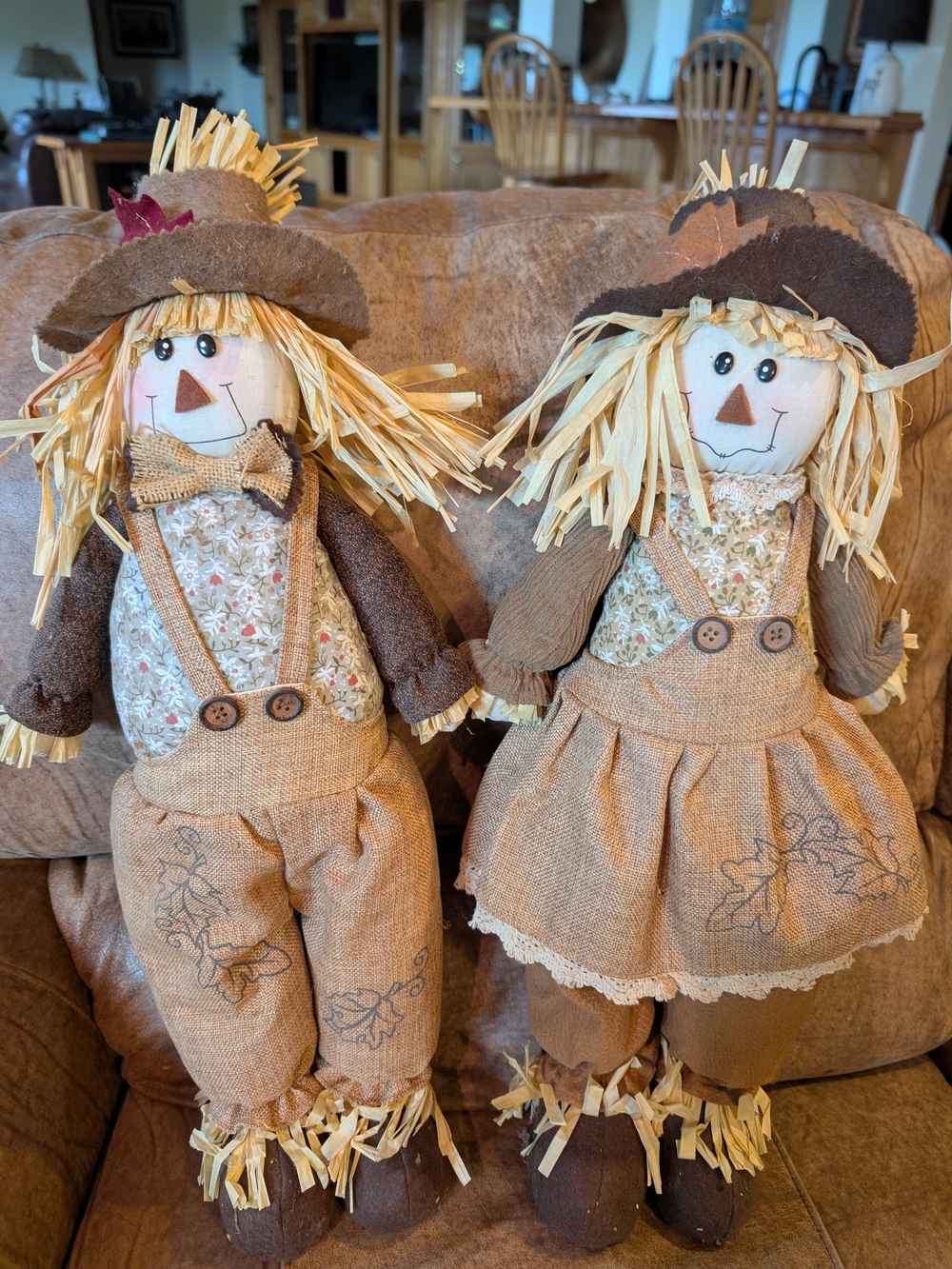 Pair of Rustic Fall Scarecrow Dolls - Neutral Brown & Tan